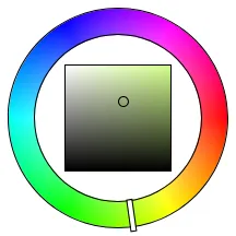 색상환 + 사각형 컬러 피커의 예시. 바깥의 색상환에서 색조를 선택하고 안쪽의 창에서 그 색조에 해당하는 세부 색상을 선택할 수 있다.
