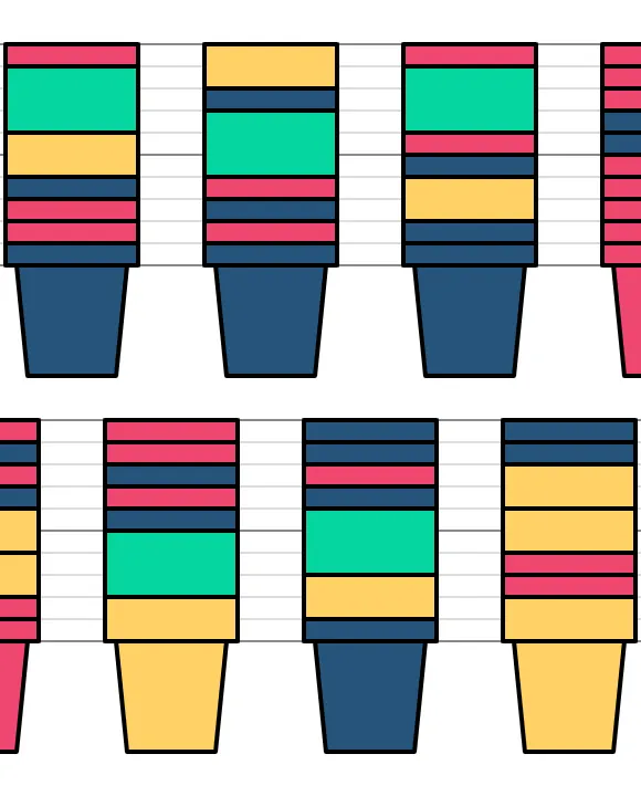 위의 컵 세트로 높이가 10이 되도록 여러 가지 방법으로 컵을 쌓은 모습