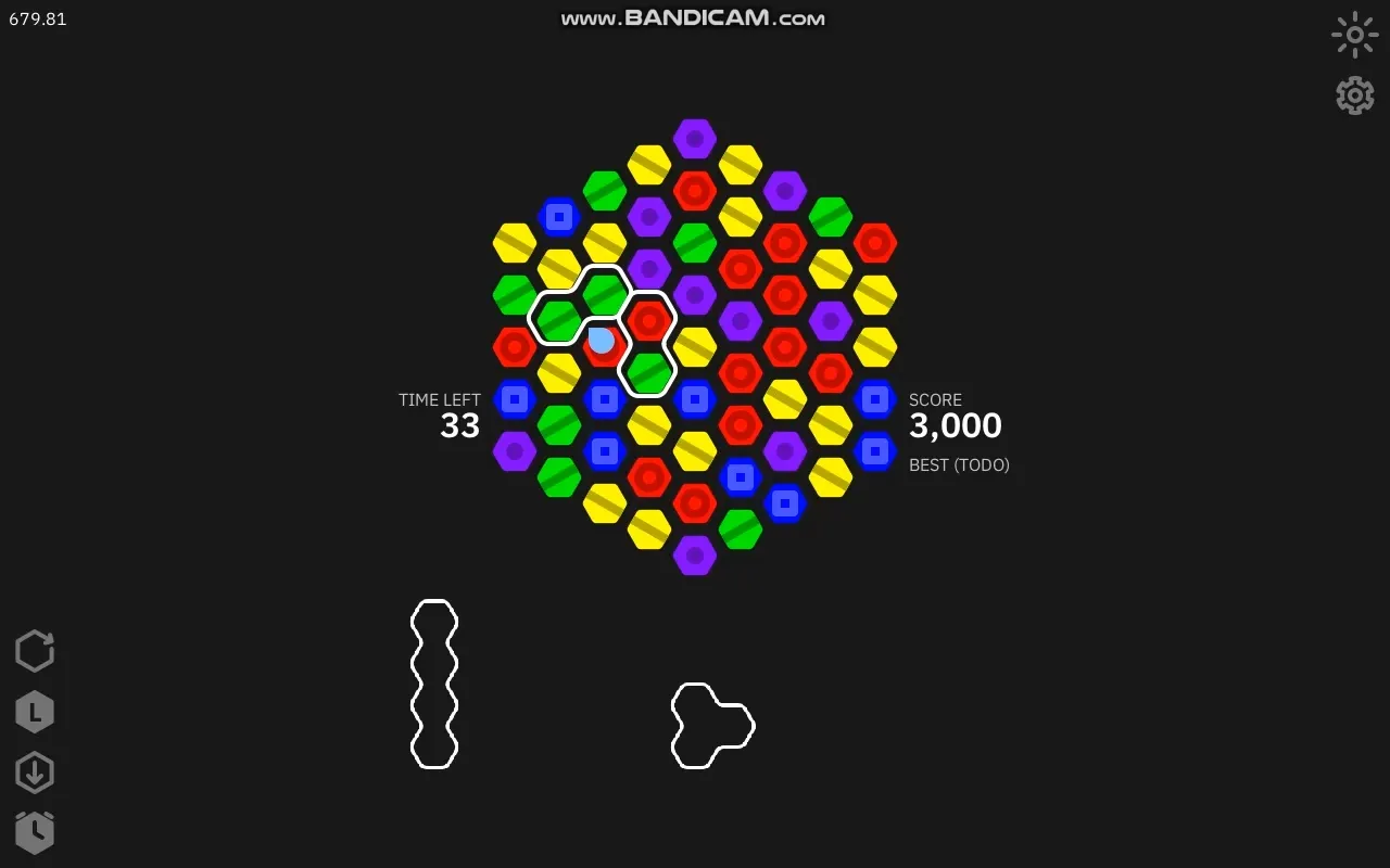 보드의 왼쪽에 남은 시간, 오른쪽에 점수가 표시되고 있다. 남은 시간은 33초, 점수는 3000점이다.