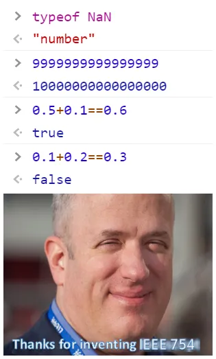 위의 "Thanks for inventing Javascript" 이미지에서 IEEE 754의 문제인 코드만 남기고 문구를 "Thanks for inventing IEEE 754"로 수정했다.