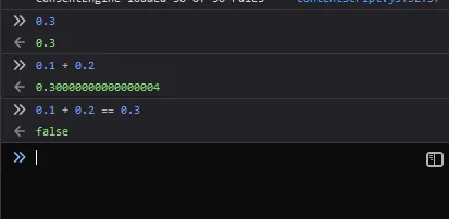 웹 브라우저 콘솔에서 JavaScript 표현식을 평가한 결과. 0.3은 0.3, 0.1 + 0.2는 0.30000000000000004, 0.1 + 0.2 == 0.3은 false이다.